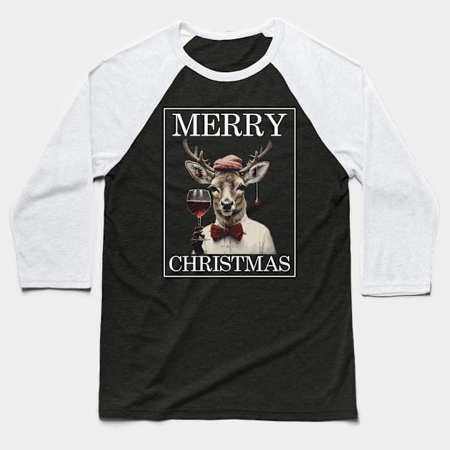 Christmas Deer with Wine Glass Funny Christmas Baseball T-Shirt by Stawi's Design Factory